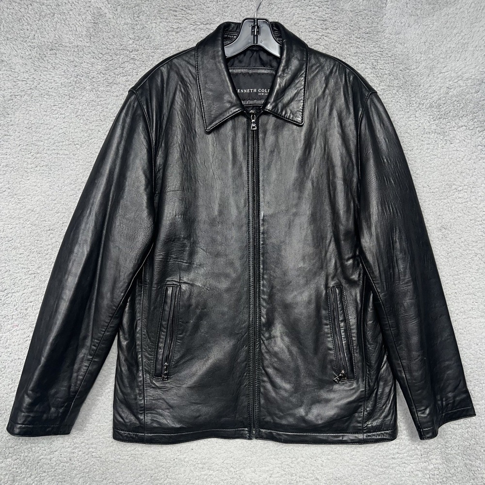 VTG Kenneth Cole New‎ York Jacket Men's Sz M Black Genuine Leather Car Coat Y2K
